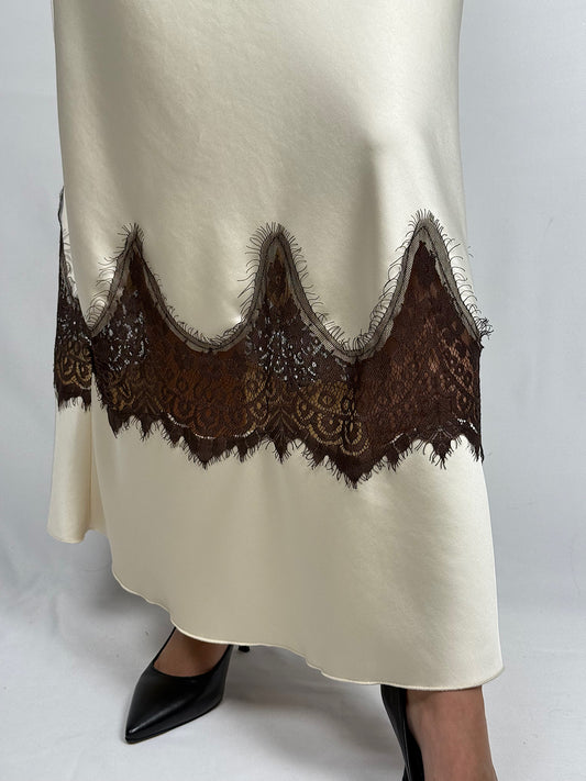 Gonna Satin Lunga con Pizzo Marrone Tensione-In Panna