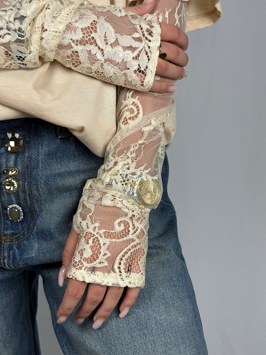 T-Shirt con Maniche in Pizzo Panna Vicolo