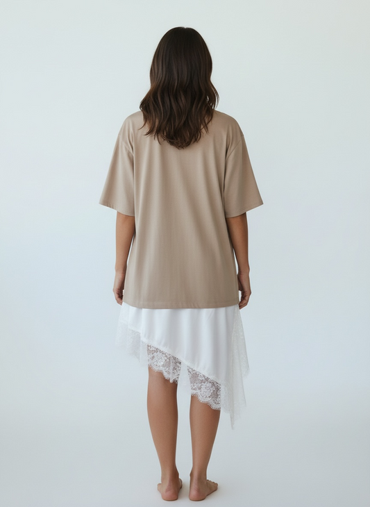 T-Shirt Sabbia con Pizzo Bianco Susy Mix