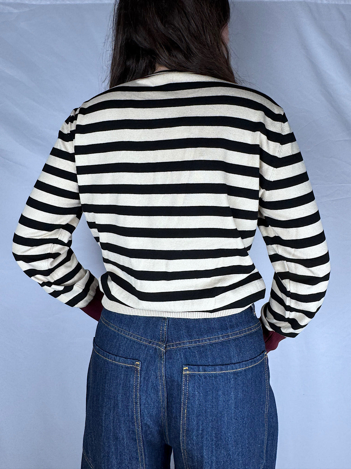 Maglia Girocollo A Righe Tensione In Nero/Panna