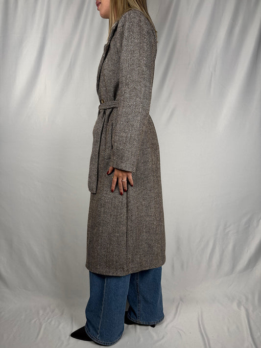 Capotto Lungo con Cintura Spigato Marrone Armonia