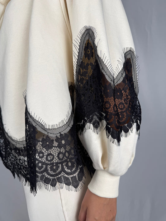 Felpa con Pizzo Nero Tensione-In Panna