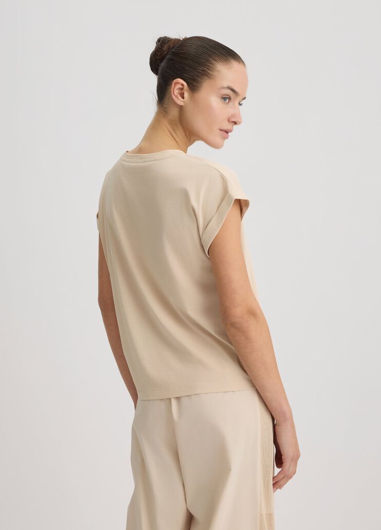 T-Shirt Beige In Cotone con Scritta