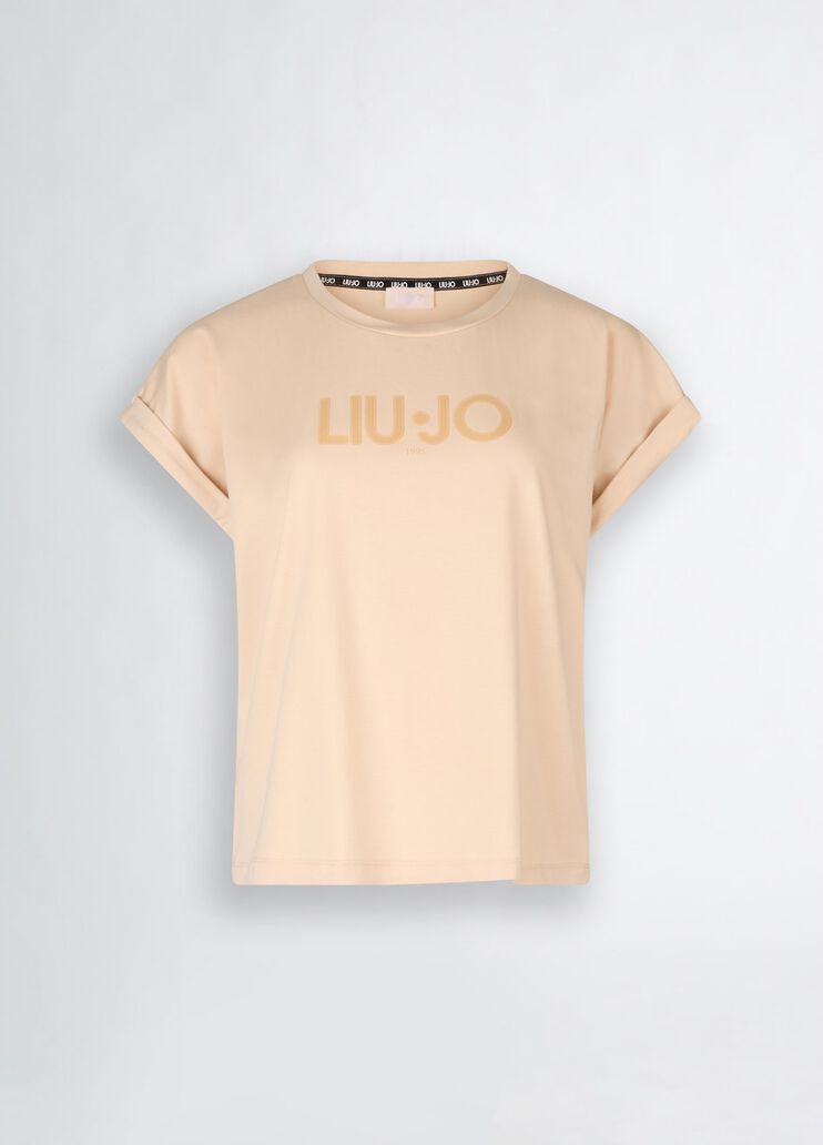 T-Shirt Beige In Cotone con Scritta