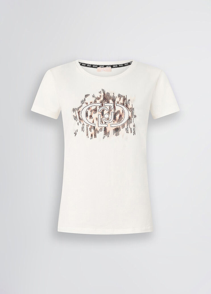 T-Shirt Con Logo Animalier e Strass