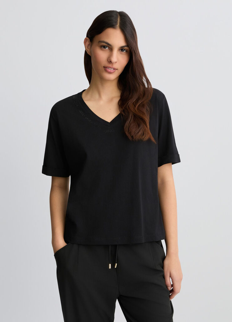 T-Shirt Con Logo E Strass Nera