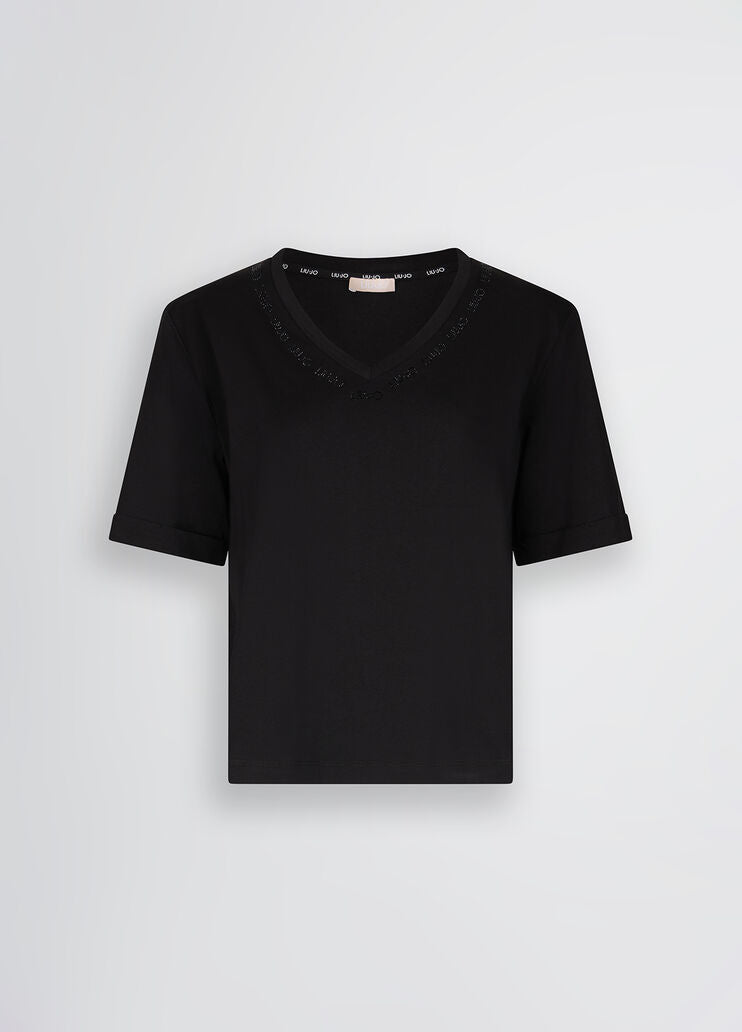 T-Shirt Con Logo E Strass Nera