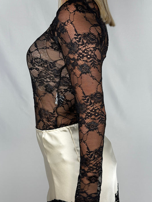 Body in Pizzo a Manica Lunga Tensione-In Nero