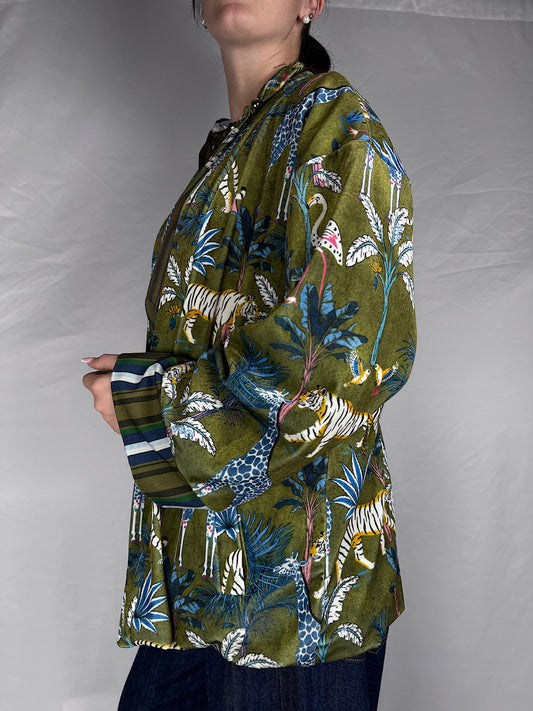 Giacca Kimono Ciniglia Stampa Savana "Nomad" Haveone Verde