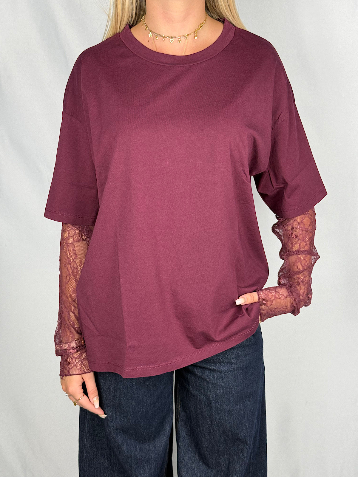T-shirt con Maniche in Pizzo SusyMix Bordeaux