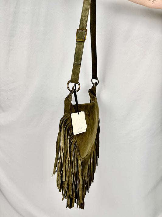 Borsa con Frange in Vera Pelle Verde Militare Vicolo