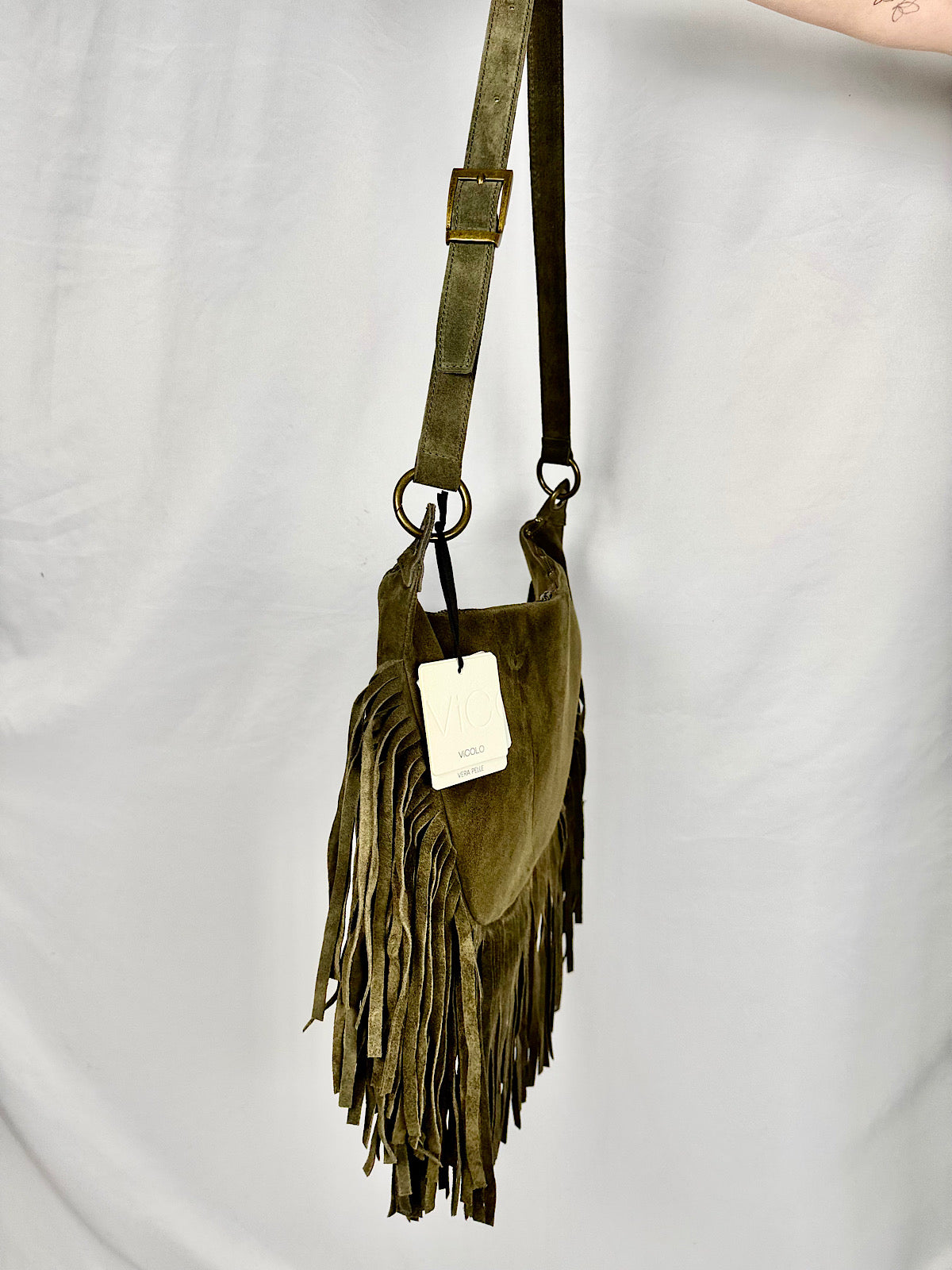 Borsa con Frange in Vera Pelle Verde Militare Vicolo