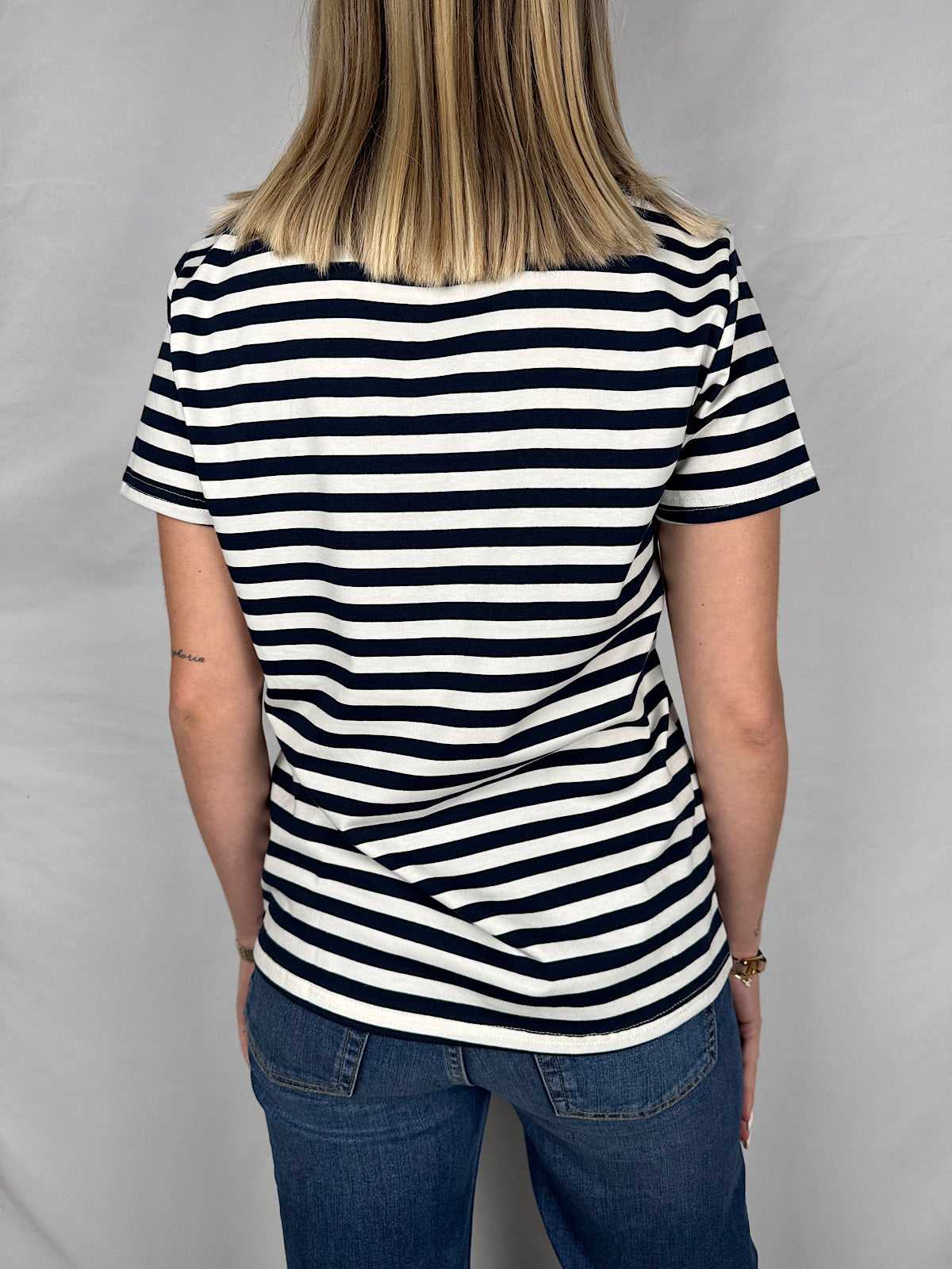 T-Shirt Righe con Ricamo Blu Armoni