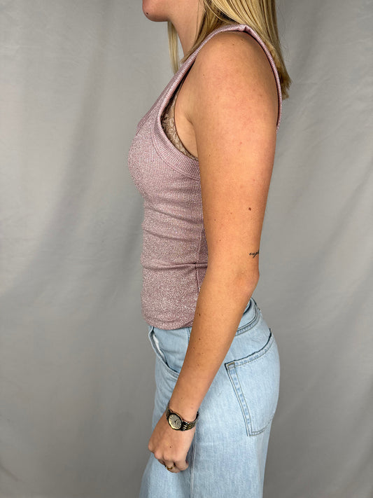 Canotta a Costine Lurex Scollo V Rosa Vicolo
