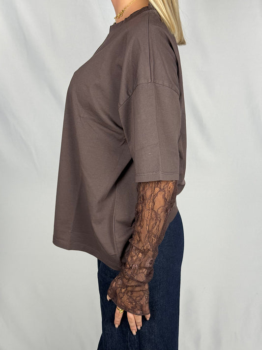 T-shirt con Maniche in Pizzo SusyMix Marrone