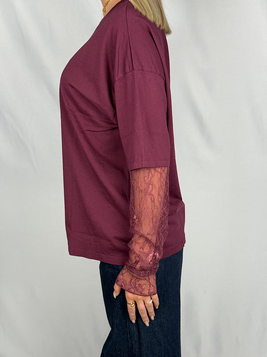 T-shirt con Maniche in Pizzo SusyMix Bordeaux