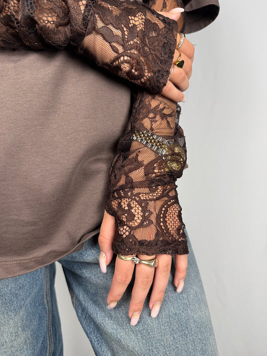 T-Shirt con Maniche in Pizzo Marrone Vicolo