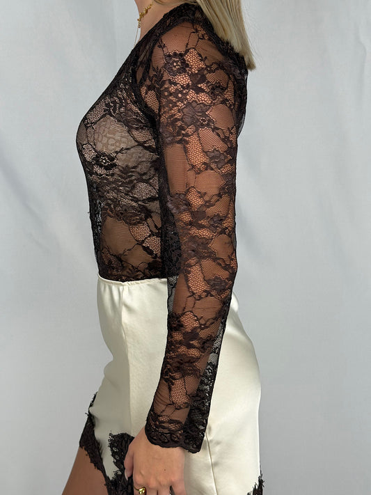 Body in Pizzo a Manica Lunga Tensione-In Marrone