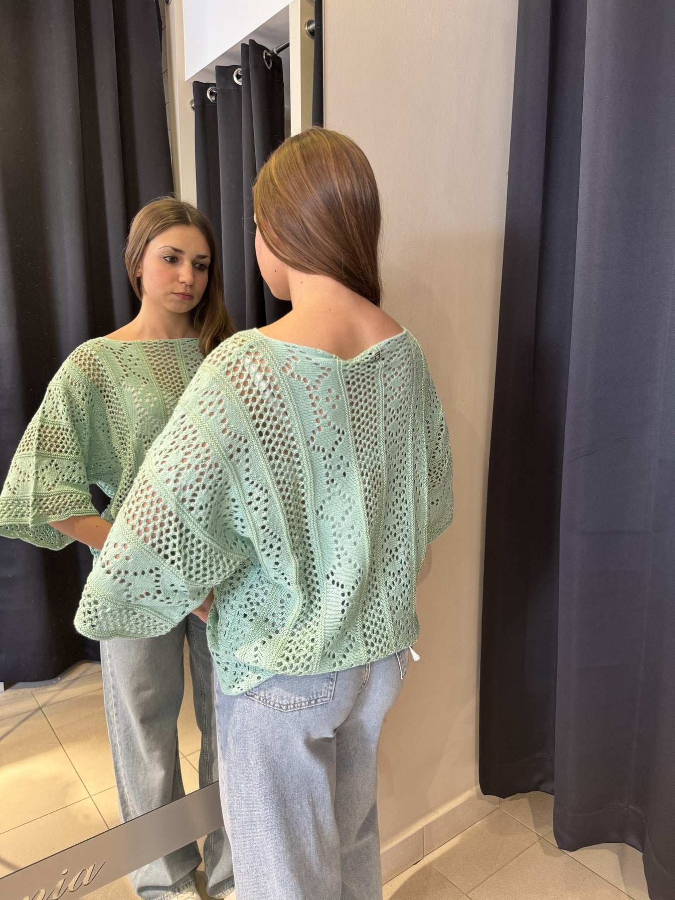 T-Shirt Manica A Tre Quarti Traforata Menta