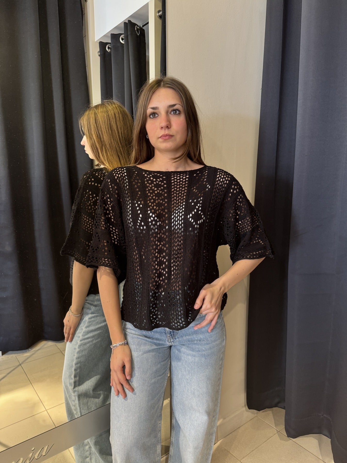 T-Shirt Manica A Tre Quarti Traforata Nera