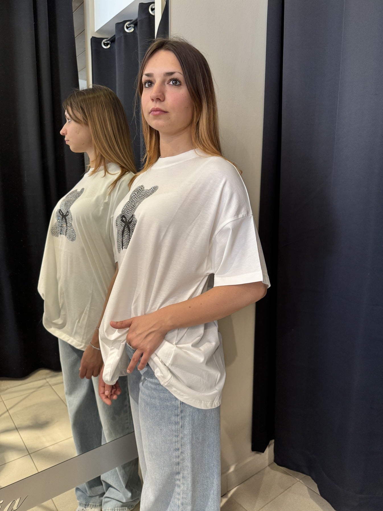 T-Shirt Bianca Stampa Orsetto Con Strass