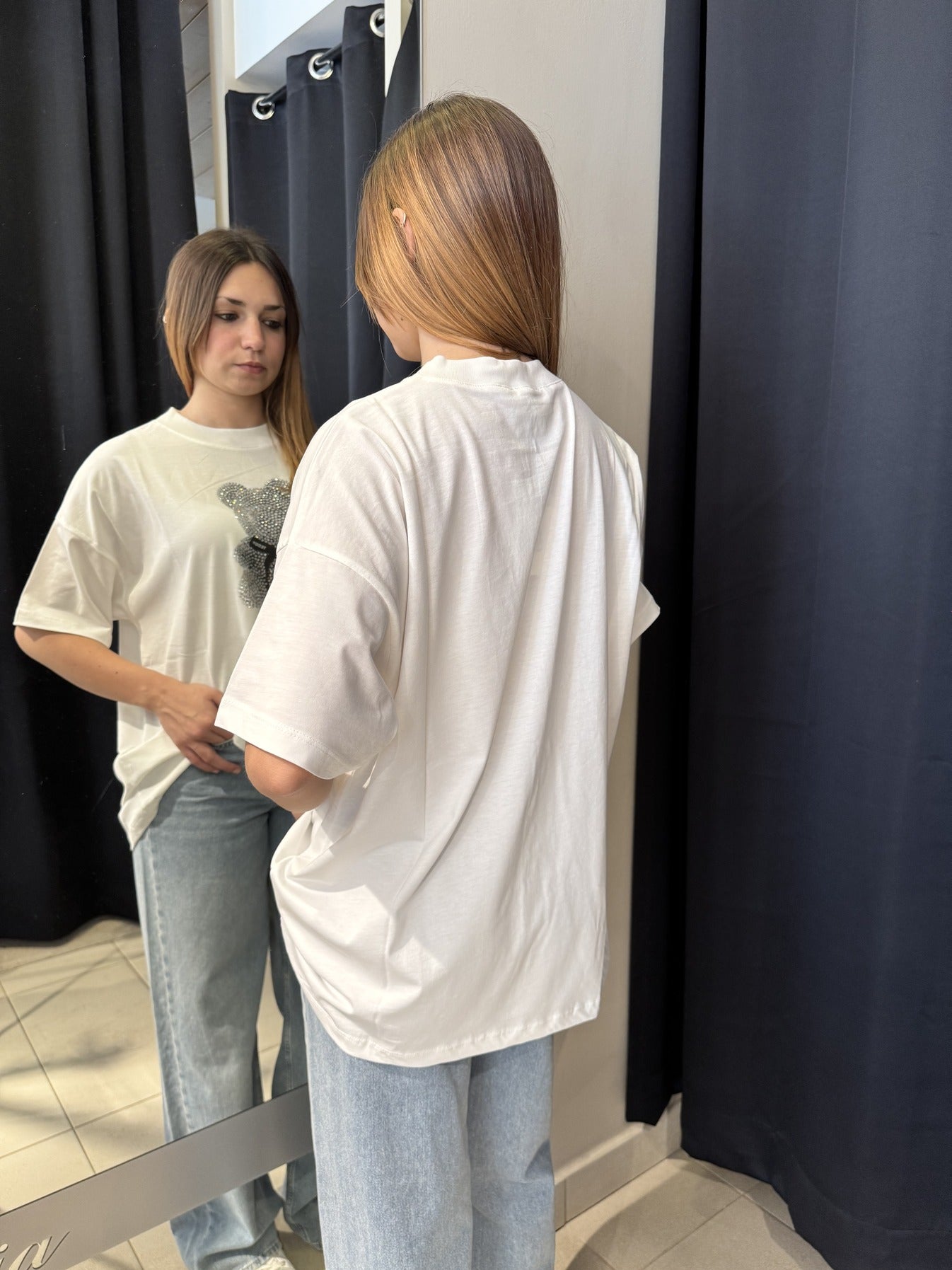 T-Shirt Bianca Stampa Orsetto Con Strass