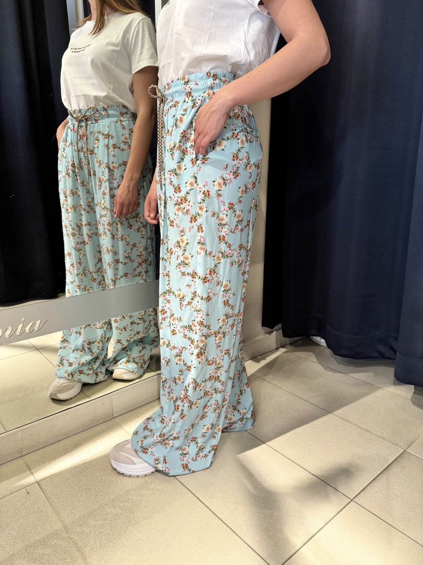 Pantalone Fantasia Vicolo a Fiori Elastico Celeste