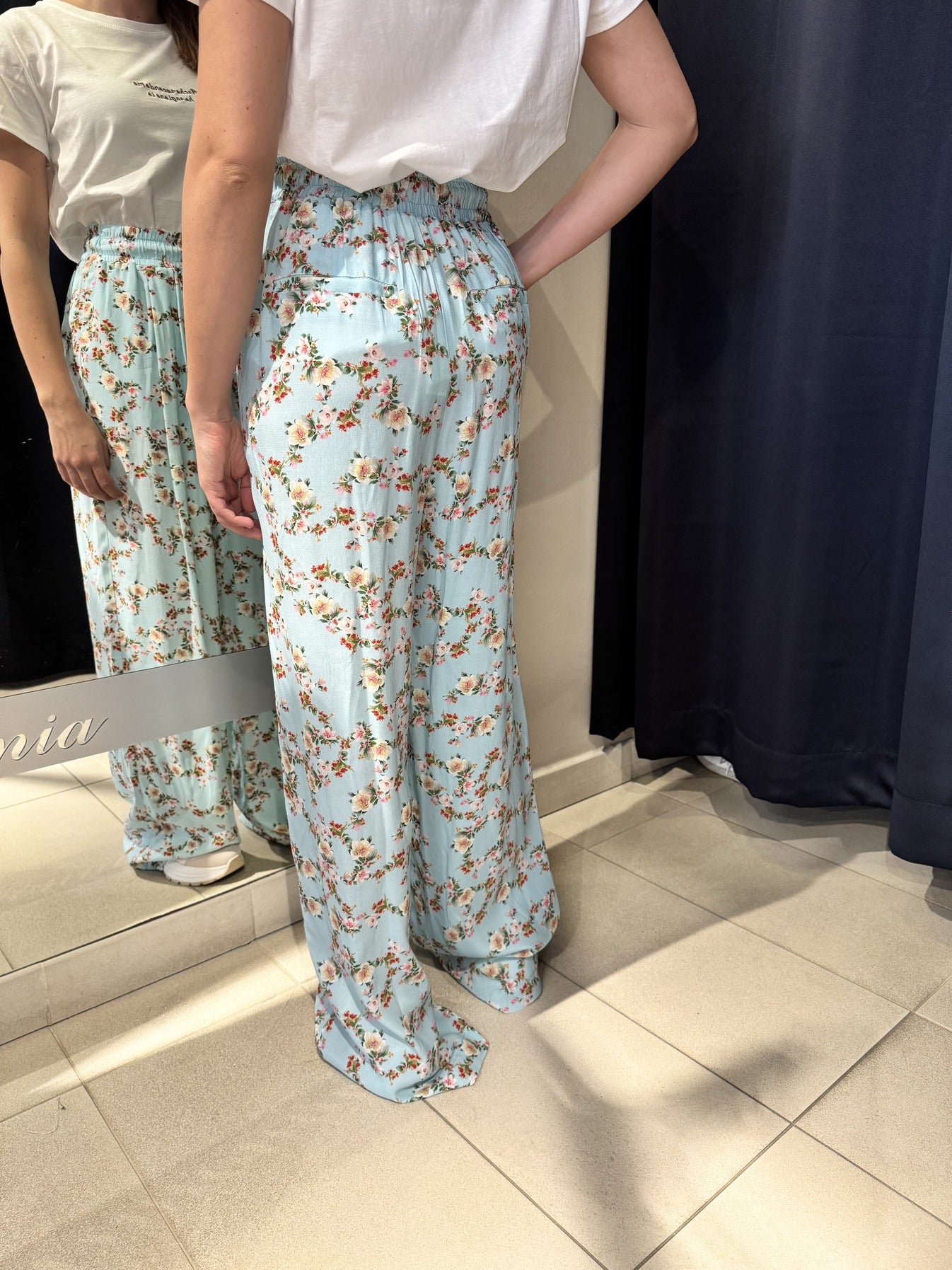 Pantalone Fantasia Vicolo a Fiori Elastico Celeste