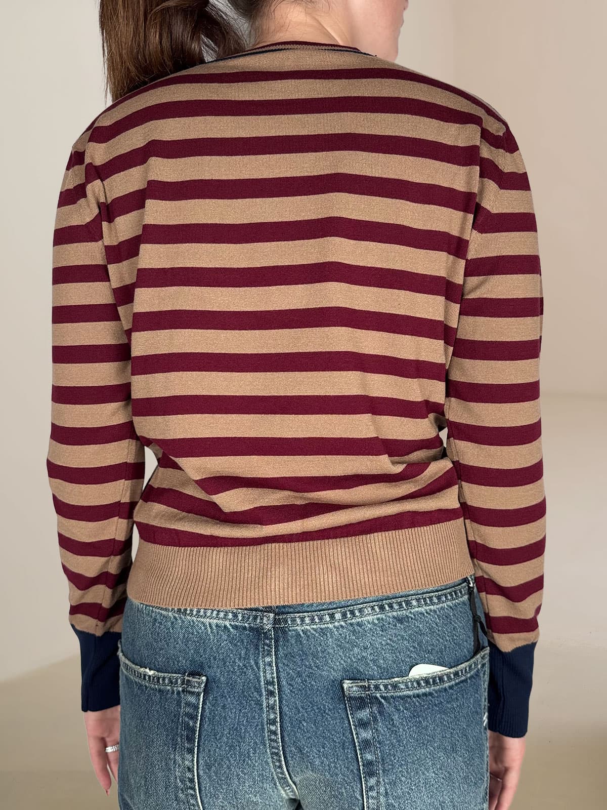 Maglia Girocollo A Righe Tensione In Cammello/bordeaux
