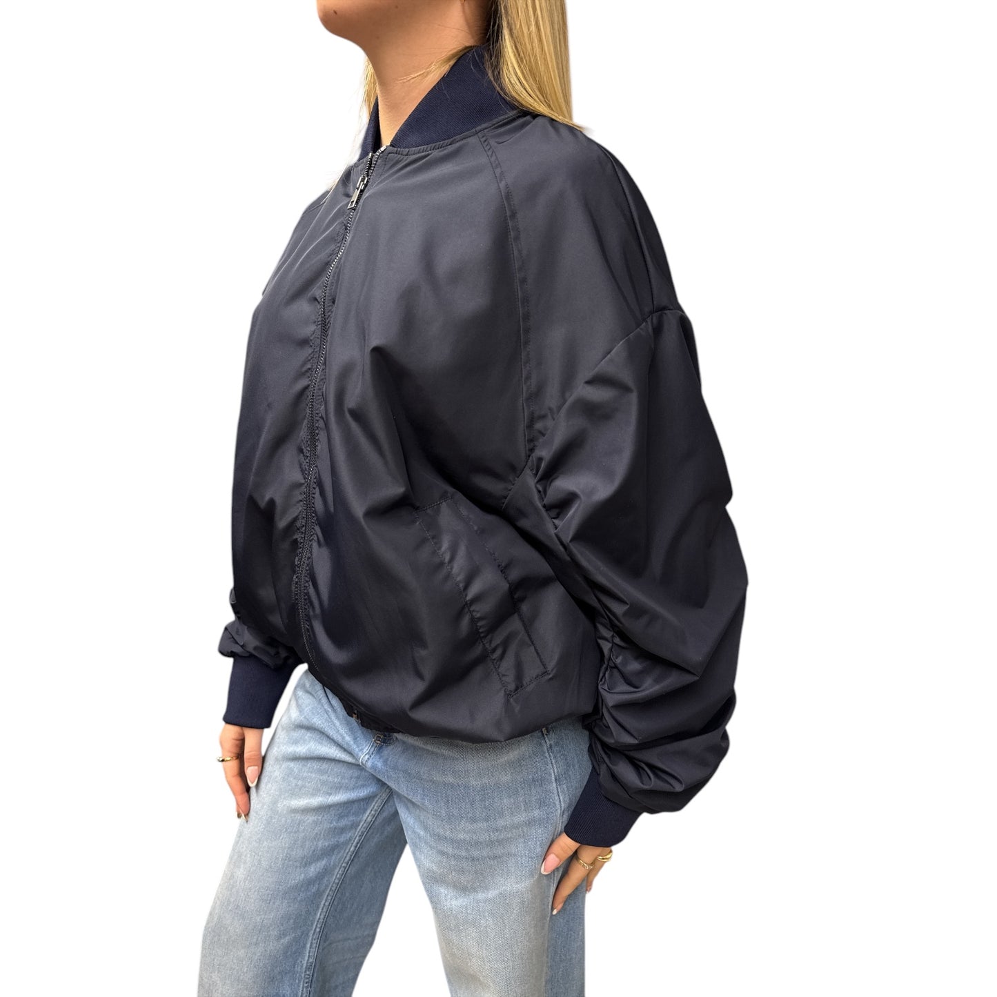 Bomber Con Manica Arricciata Blu Navy