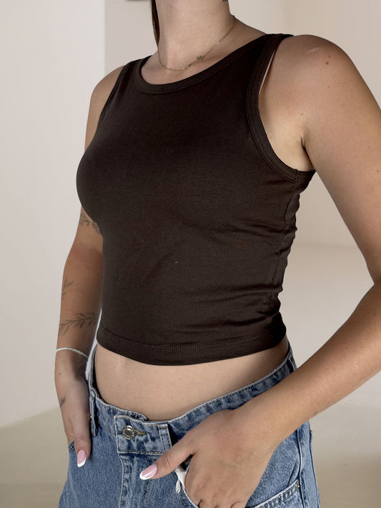 Top Canotta Crop Susy Mix Scollo Rotondo Moro