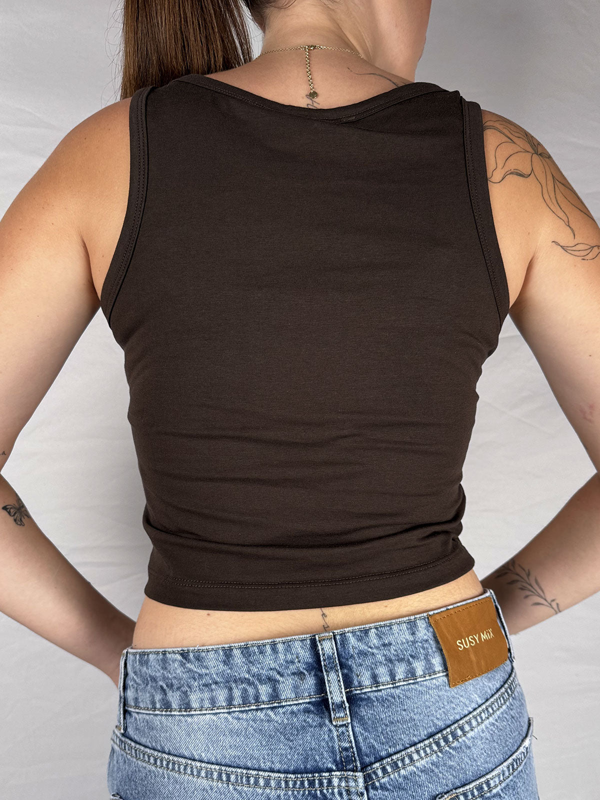 Top Canotta Crop Susy Mix Scollo Rotondo Moro