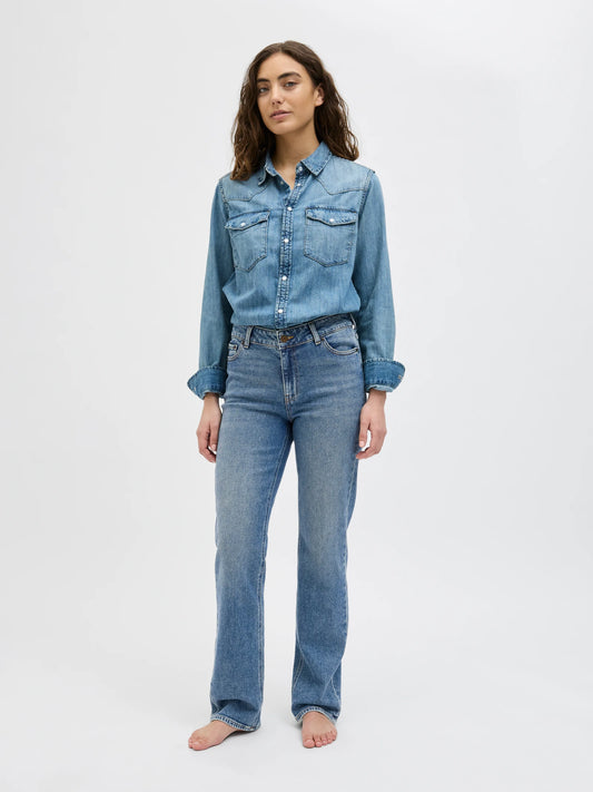 Jeans Slim Straight Mid Waist Denim Medio