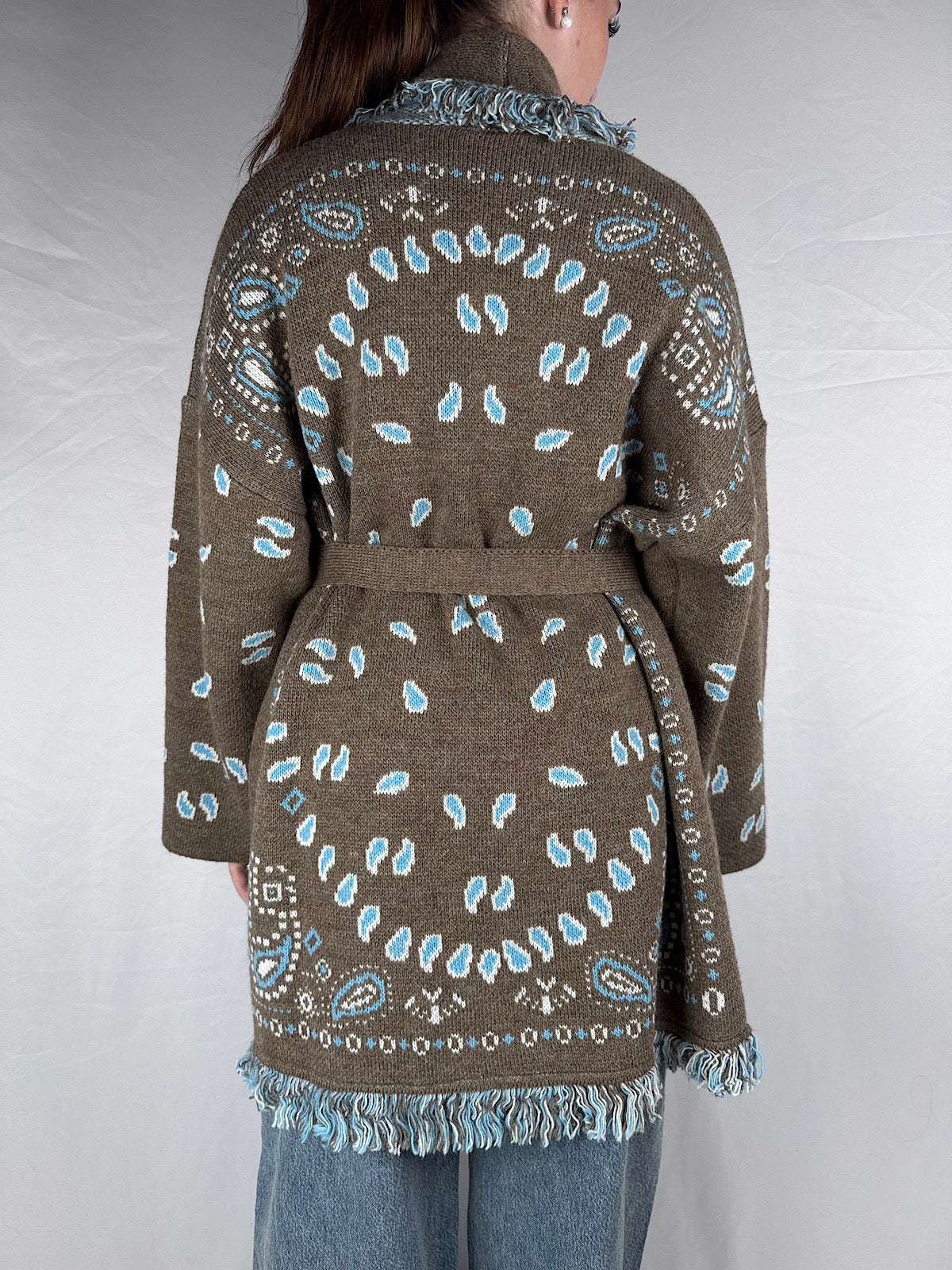 Cardigan Bandana Con Frange Tensione In Fango/Panna/Azzurro