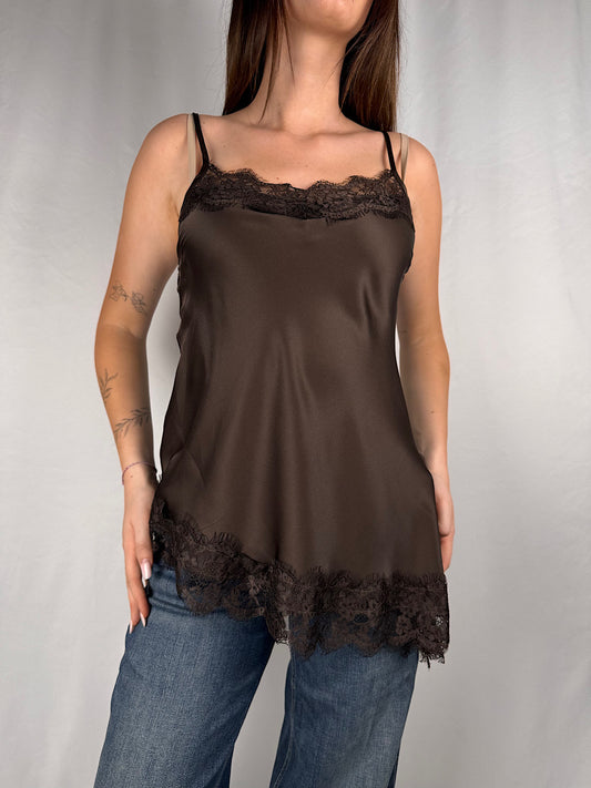 Canotta in Raso con Bordi in Pizzo Moro Vicolo