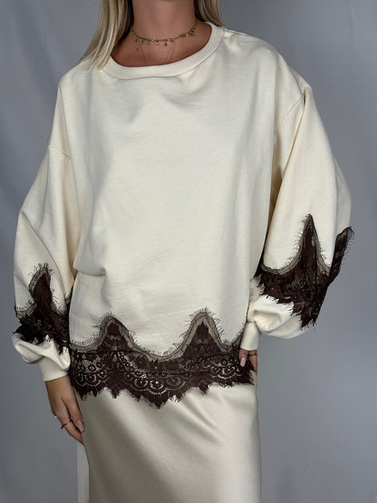 Felpa con Pizzo Marrone Tensione-In Panna