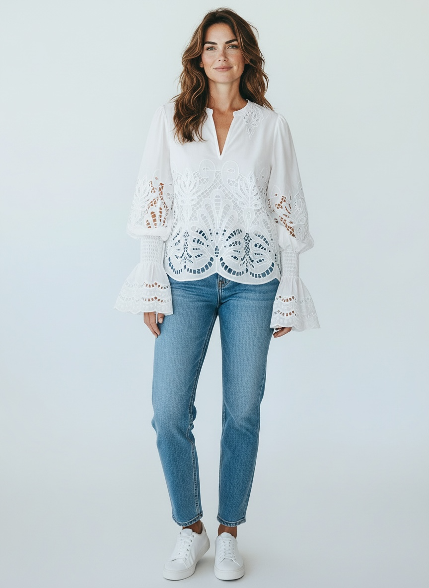 Camicia con Dettaglio Crochet Bianco Tensione-in