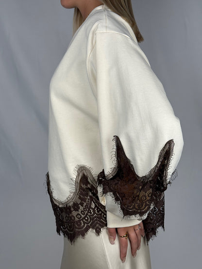 Felpa con Pizzo Marrone Tensione-In Panna