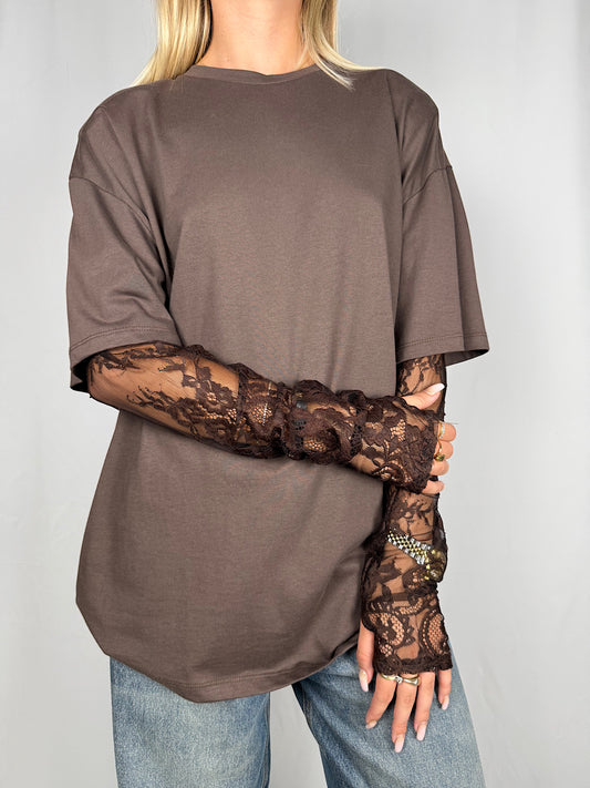 T-Shirt con Maniche in Pizzo Marrone Vicolo