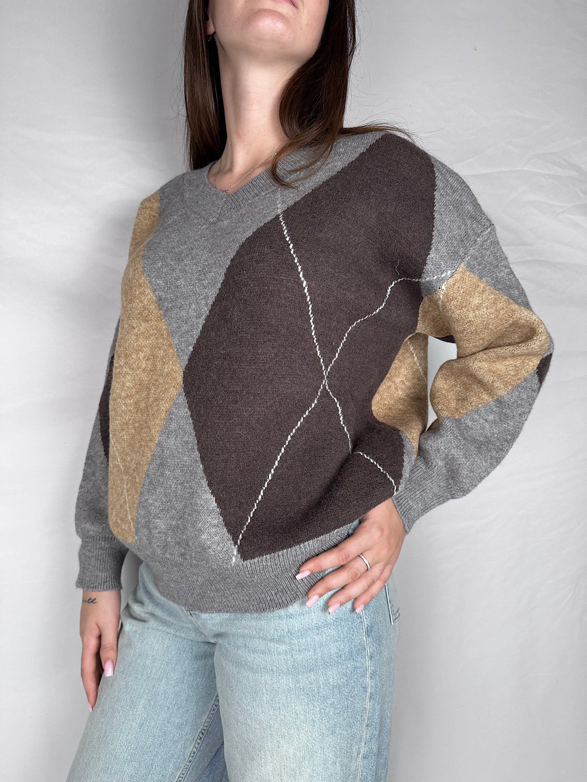 Maglia Scollo V Rombi Susy Mix Grigio