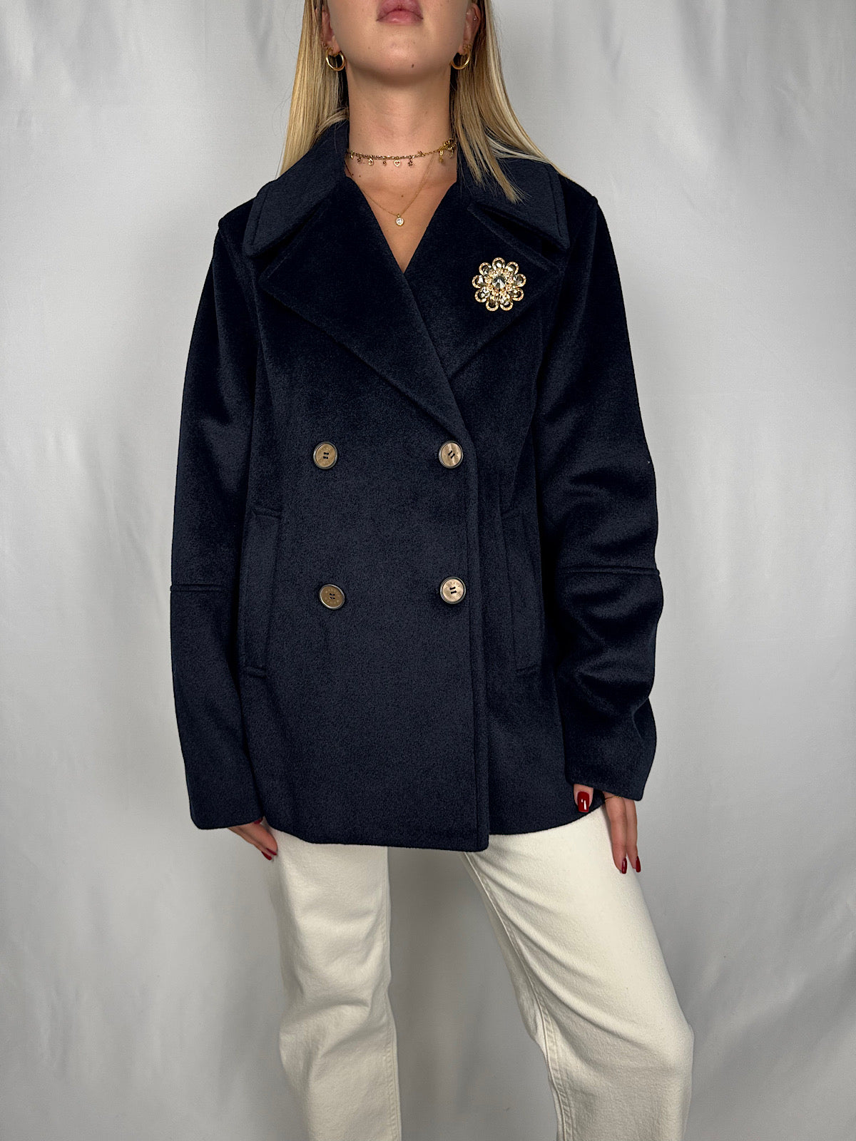 Cappotto con Spilla Blu Navy MarkUp
