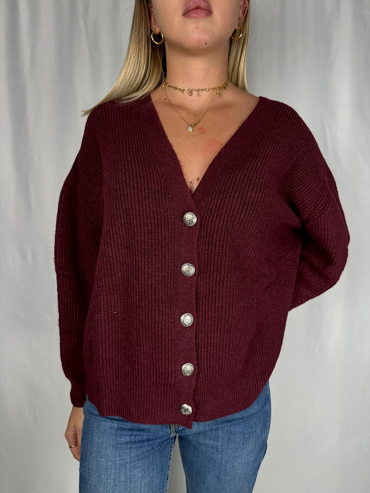 Cardigan con Bottoni Gioiello Bordeaux SusyMix