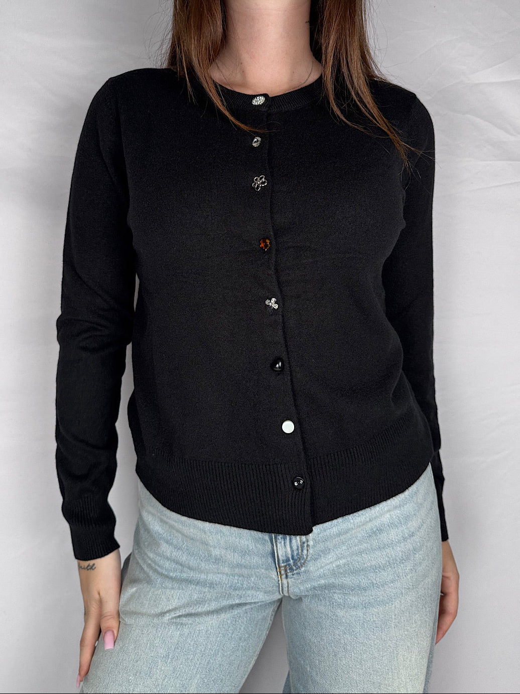 Cardigan Coreana Bottoni Gioiello Susy Mix Nero
