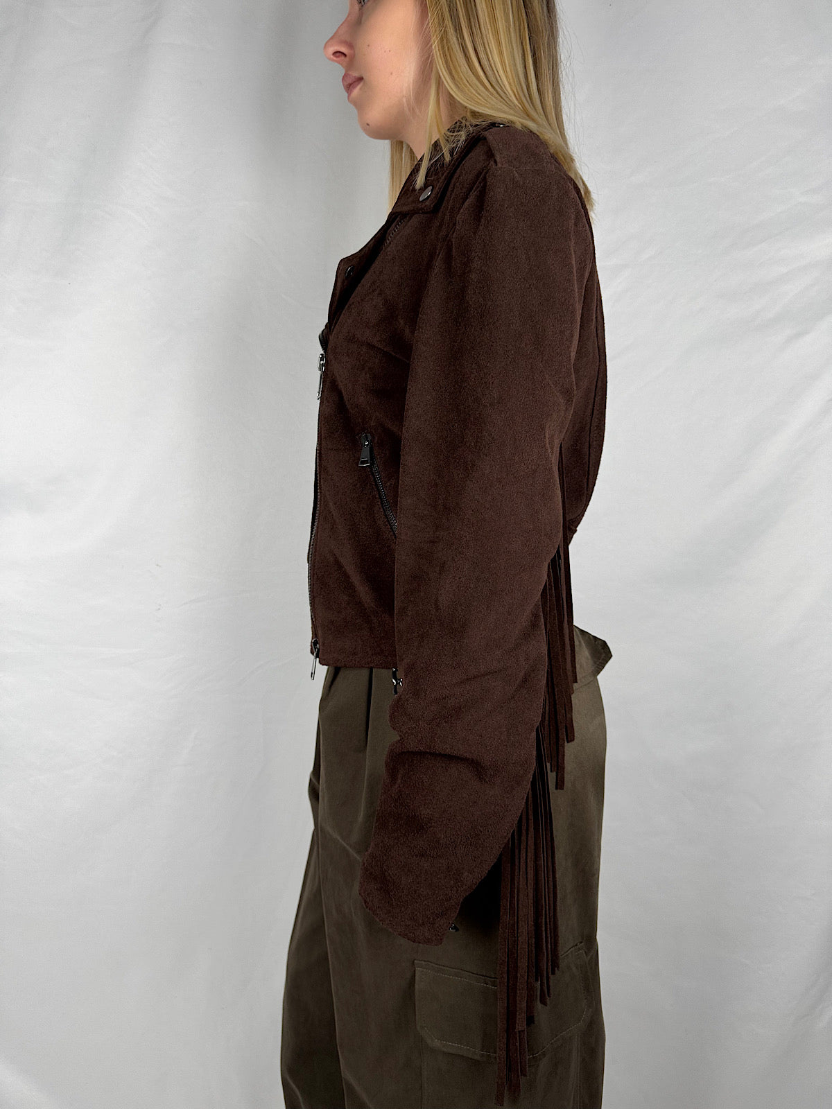 Chiodo in Vera Pelle Scamosciato con Frange Vicolo Moro