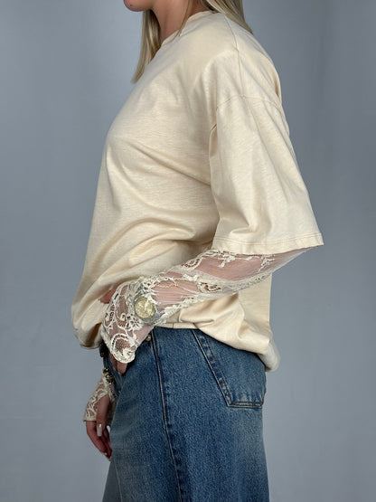 T-Shirt con Maniche in Pizzo Panna Vicolo