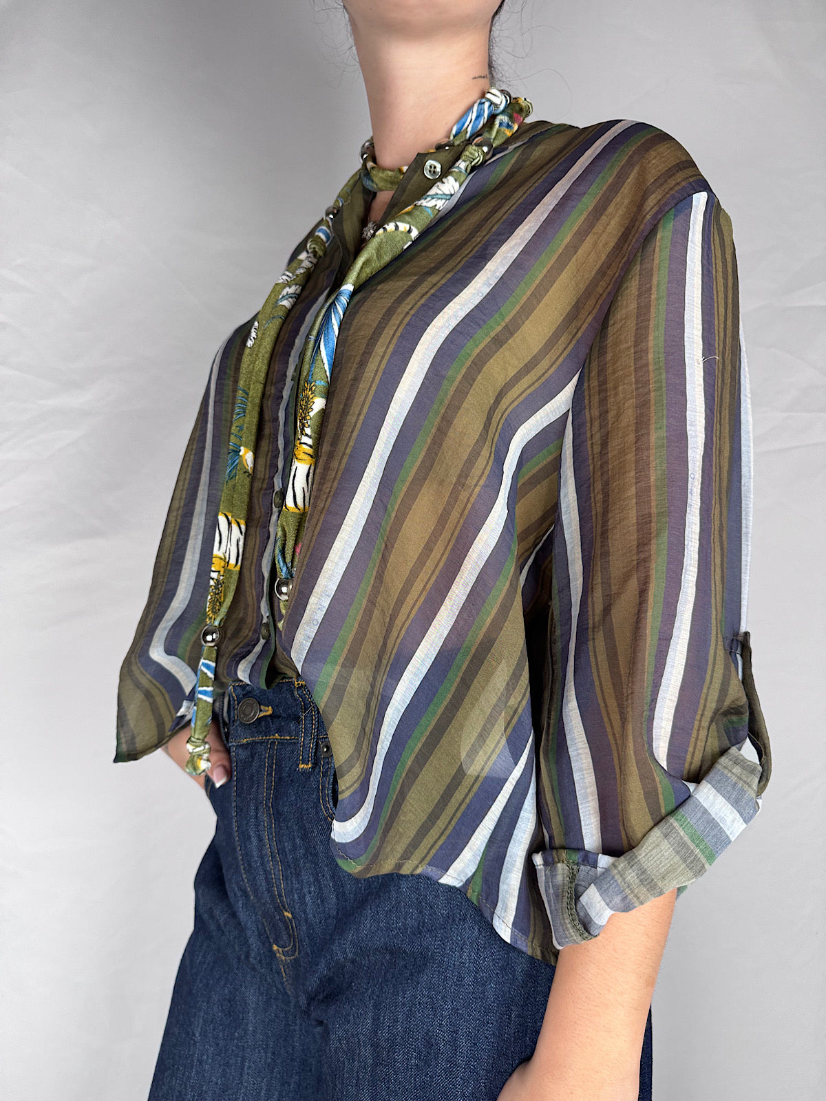 Camicia con Collana Righe "Nomad" HaveOne Verde/Blu/Panna