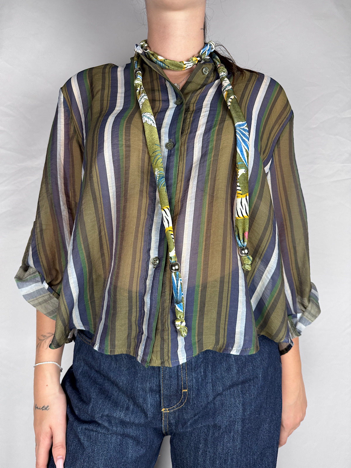 Camicia con Collana Righe "Nomad" HaveOne Verde/Blu/Panna