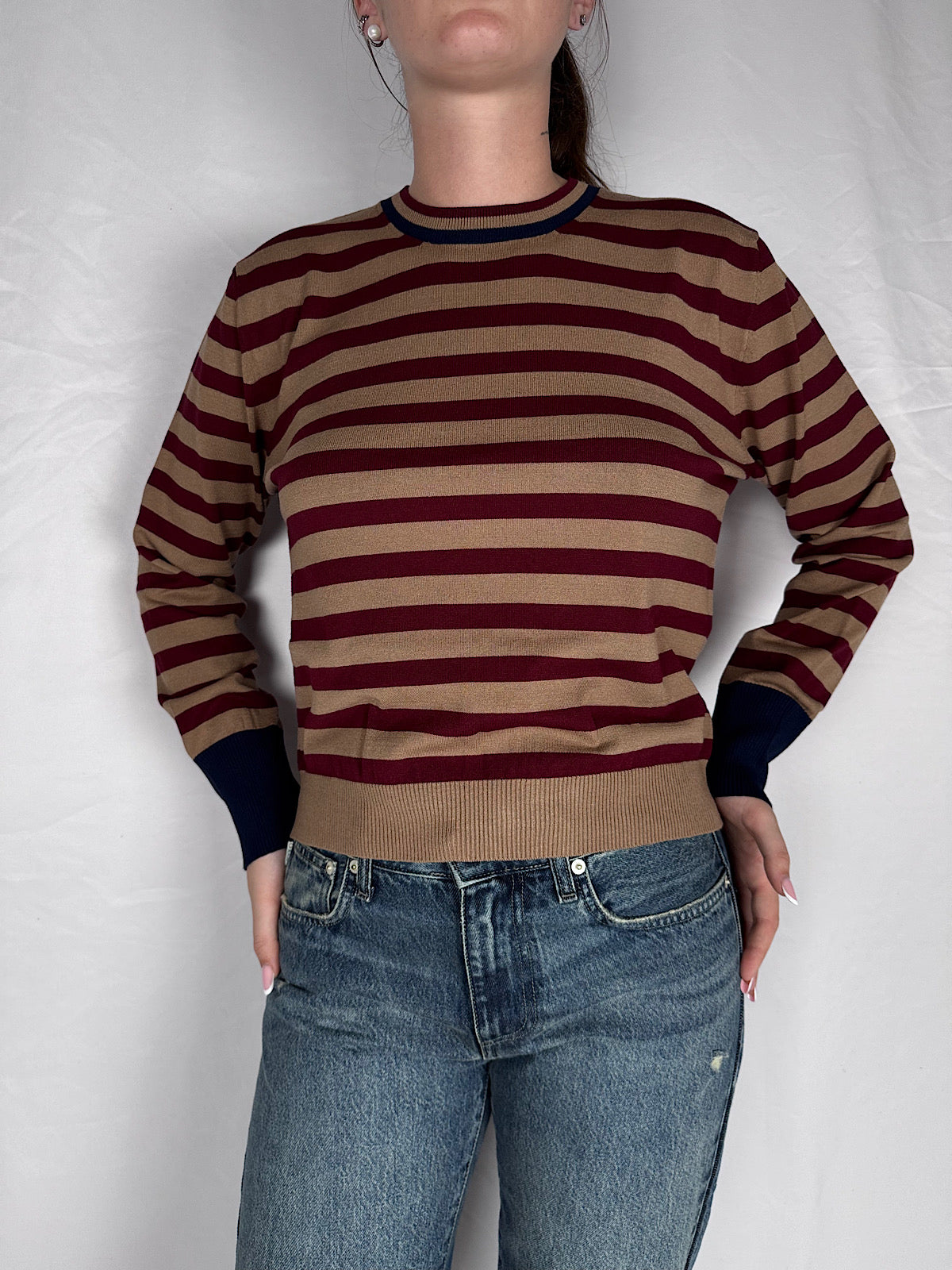 Maglia  Girocollo A Righe Tensione In Cammello/bordeaux