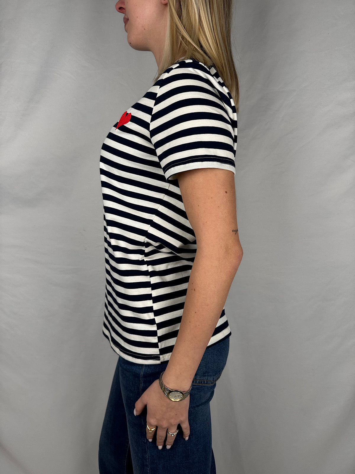 T-Shirt Righe con Ricamo Blu Armoni