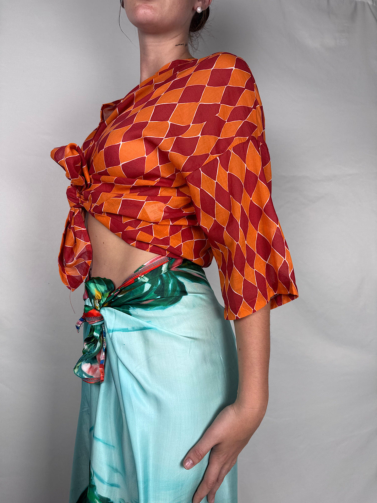Camicia in Mussola Fantasia Geometrica Tensione-In Arancio